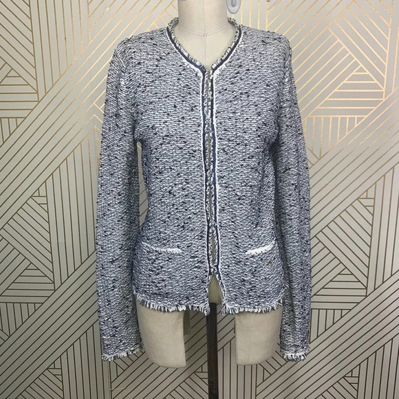 Escada Harbor Blue Tweed Fringe Knit Sweater Blazer Jacket Size‎ US Small - Picture 1 of 11